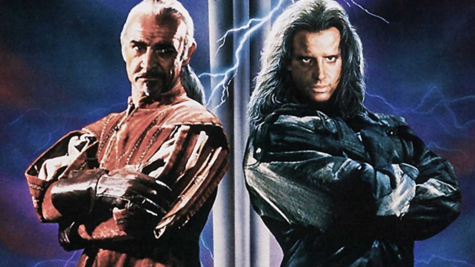 Sean Connery e Christopher Lambert costas com costas no pôster de Highlander II: The Quickening