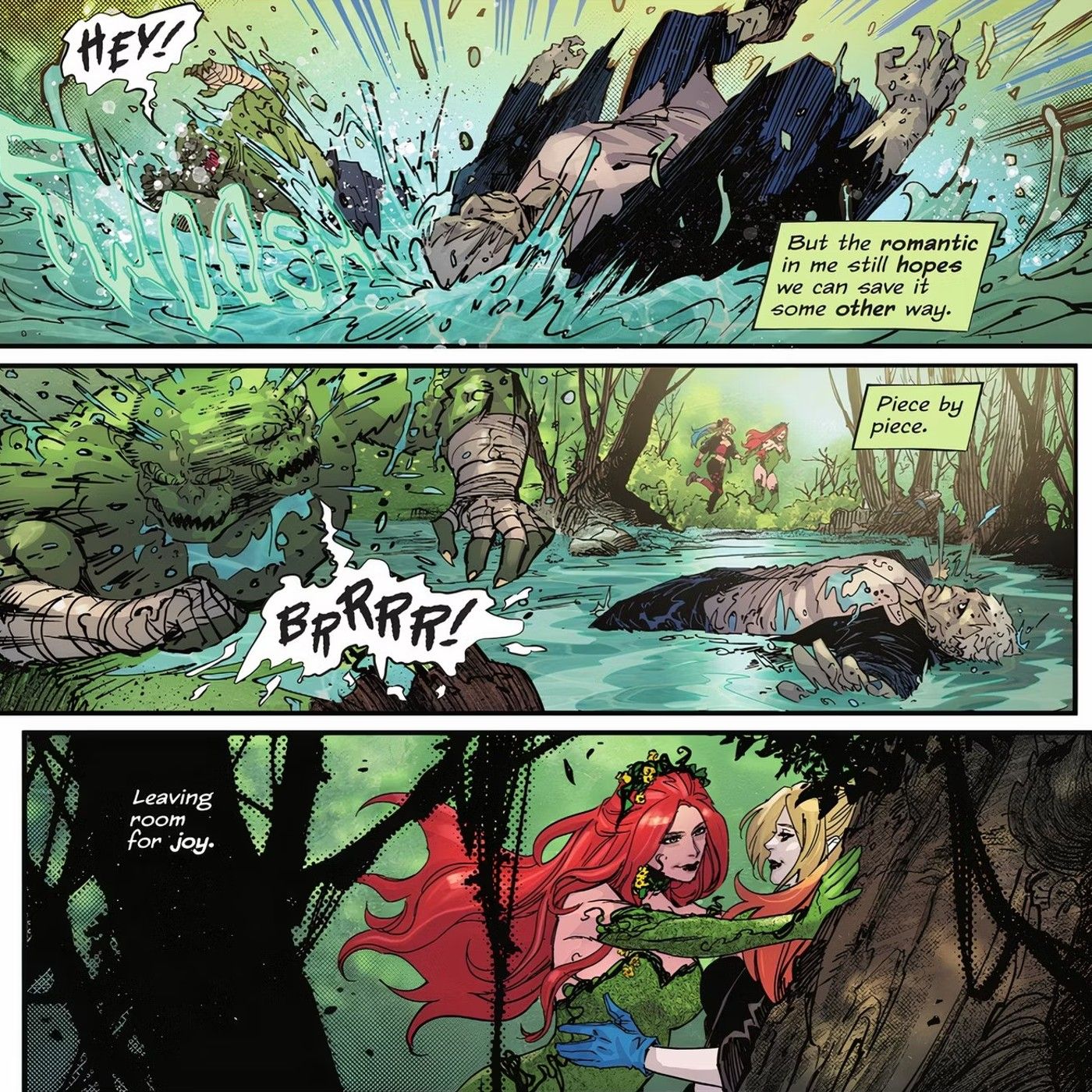 Paneles de cómics: Solomon Grundy se relaja en el agua mientras Poison Ivy y Harley Quinn actúan románticamente cerca de un árbol.