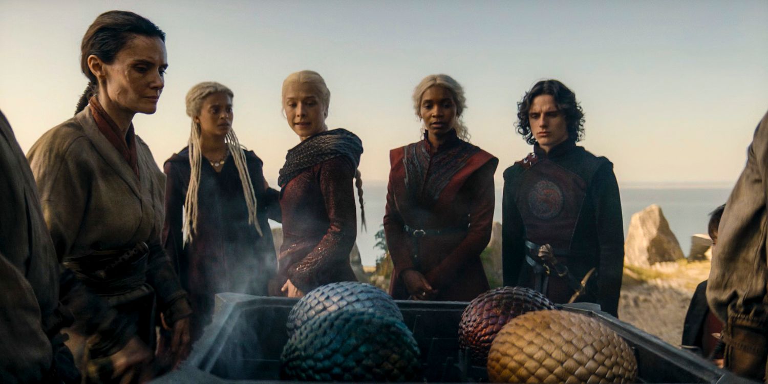 Rhaena Targaryen (Phoebe Campbell), Rhaenyra (Emma D'Arcy), Jacaerys Velaryon (Harry Collett), and Baela Targaryen (Bethany Antonia) observe the four dragon eggs that will be sent to the Vale in House of the Dragon season 2 episode 3