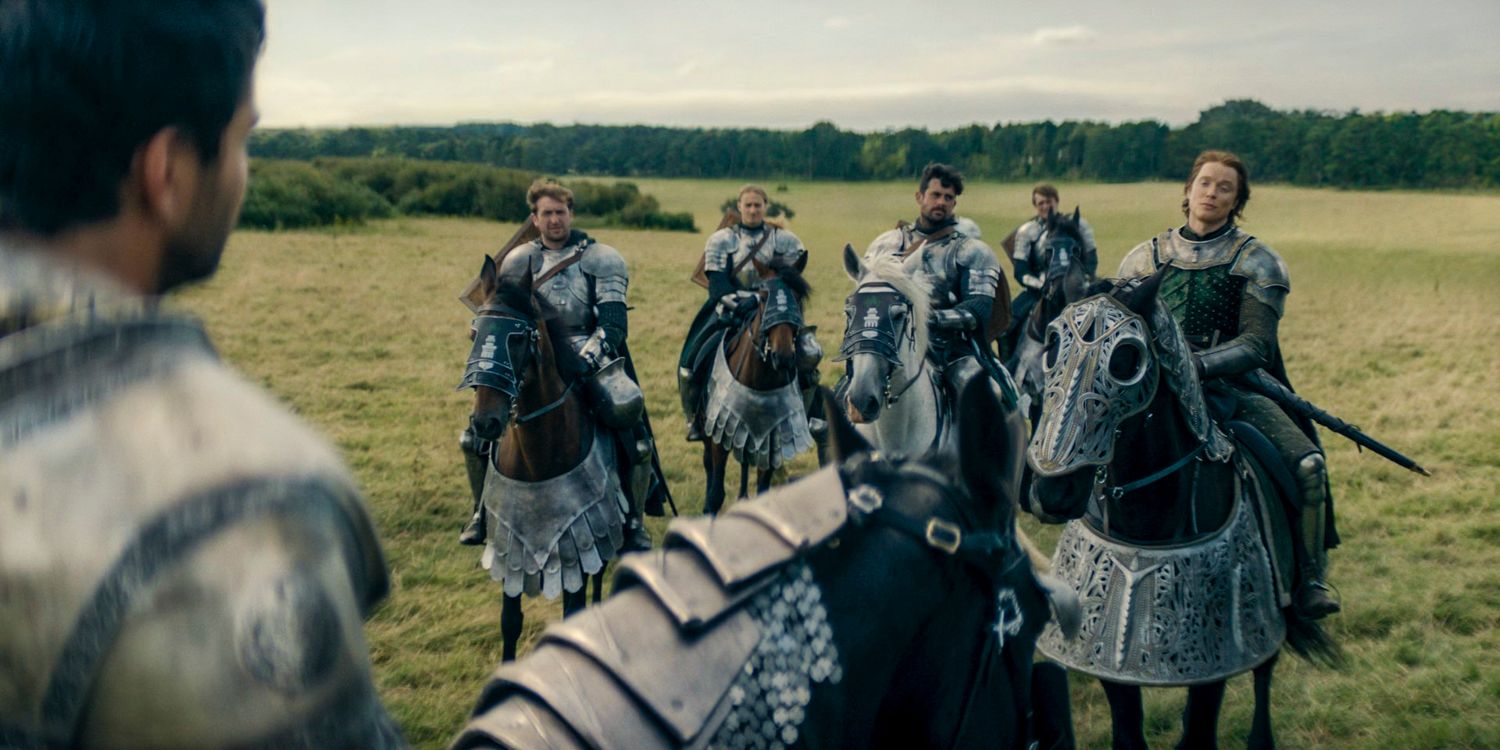 Ser Criston Cole (Fabien Frankel) stops the advance of Ser Gwayne Hightower (Freddie Fox) and the knights in House of the Dragon season 2 episode 3