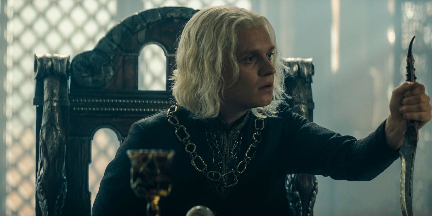 Aegon II Targaryen (Tom Glynn-Carney) slams the Valyrian steel dagger into the table in House of the Dragon season 2 episode 3