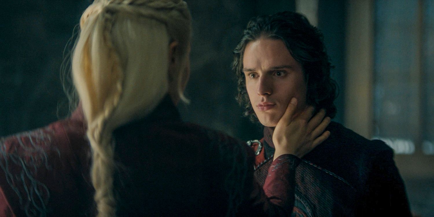 Rhaenyra Targaryen (Emma D'Arcy) gently touches the face of Jacaerys Velaryon (Harry Collett) in House of the Dragon season 2 episode 4