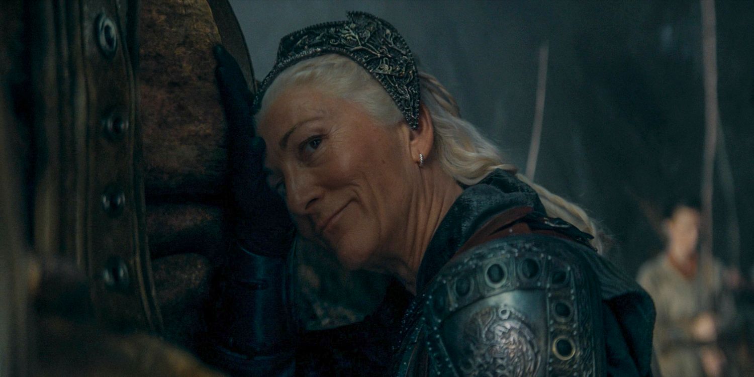 Rhaenys Targaryen (Eve Best) hugging her dragon Meleys in House of the Dragon season 2 episode 4