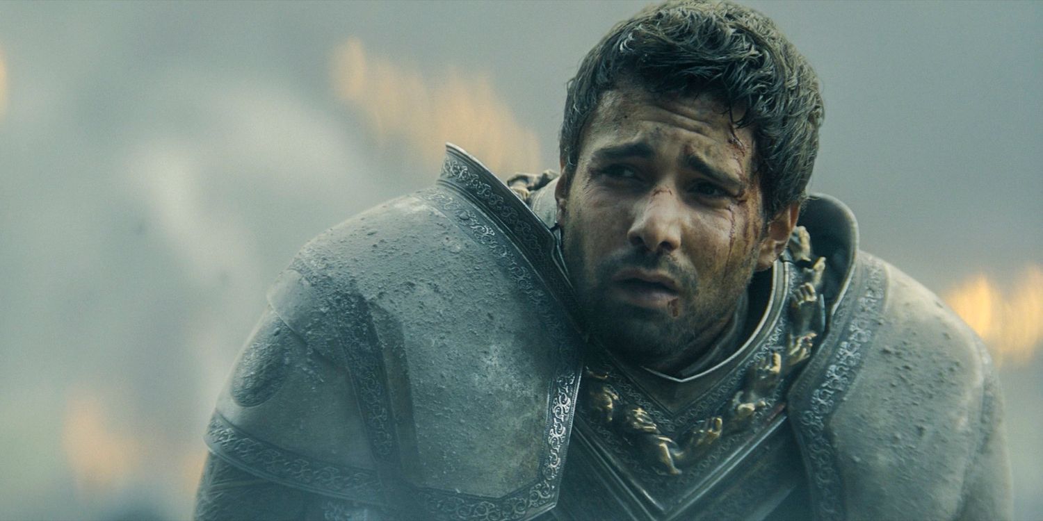 Ser Criston Cole (Fabien Frankel) covered in ashes after the dragon attack in House of the Dragon season 2 episode 4