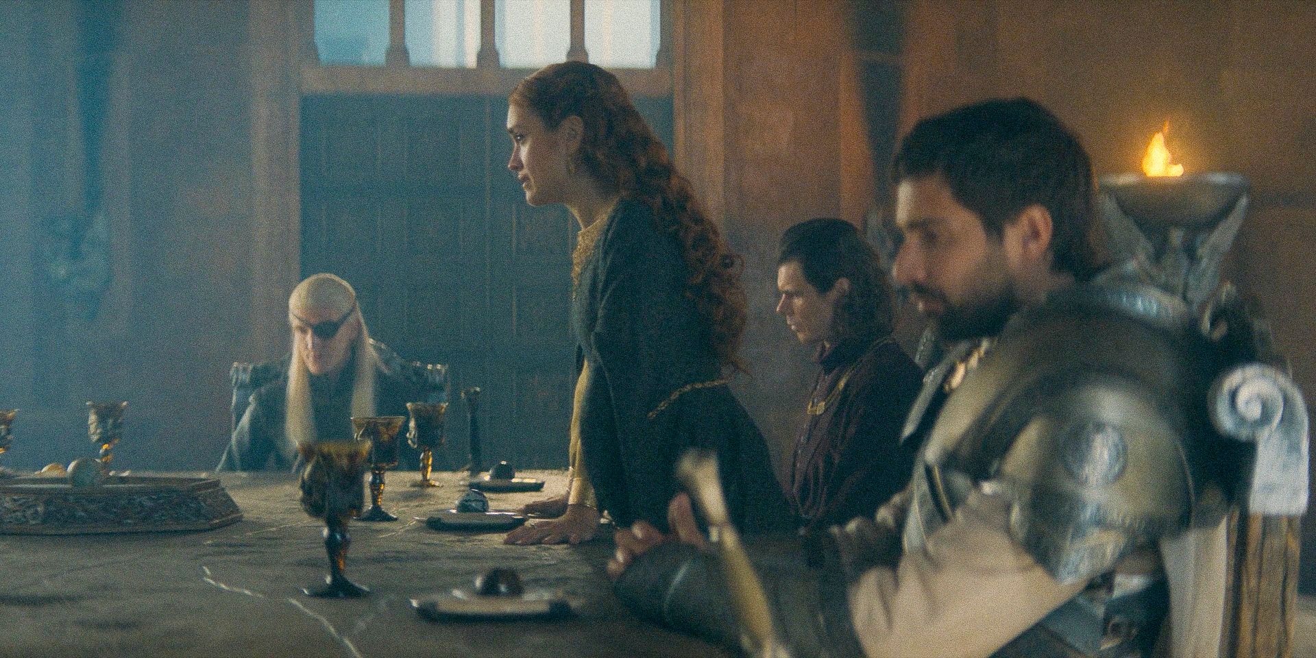 Alicent (Olivia Cooke) trying to take control of the Small Council with Aemond and Criston Cole in House of the dragon Season 2 episode 5