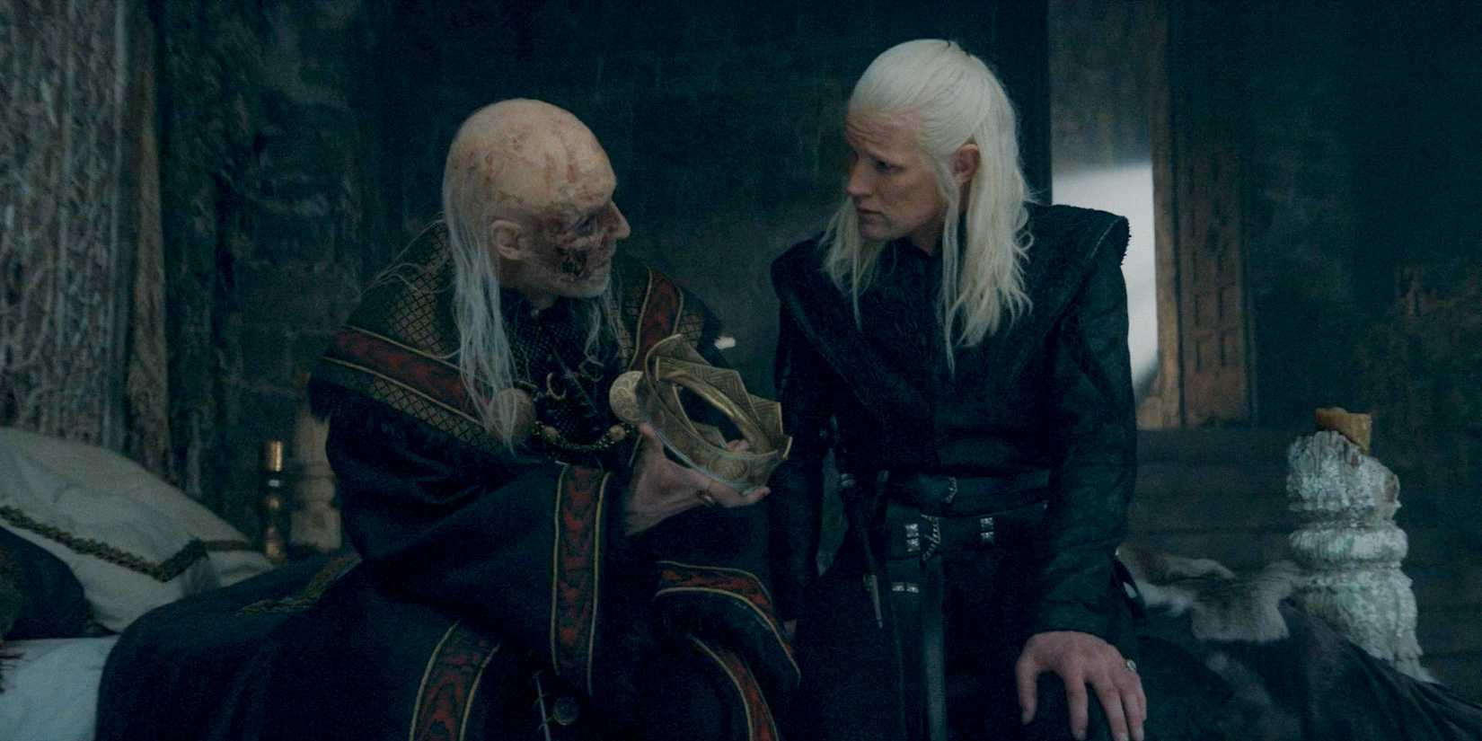 In a dream, King Viserys (Paddy Considine) hands the crown to Daemon Targaryen (Matt Smith) in House of the Dragon Season 2 Episode 7