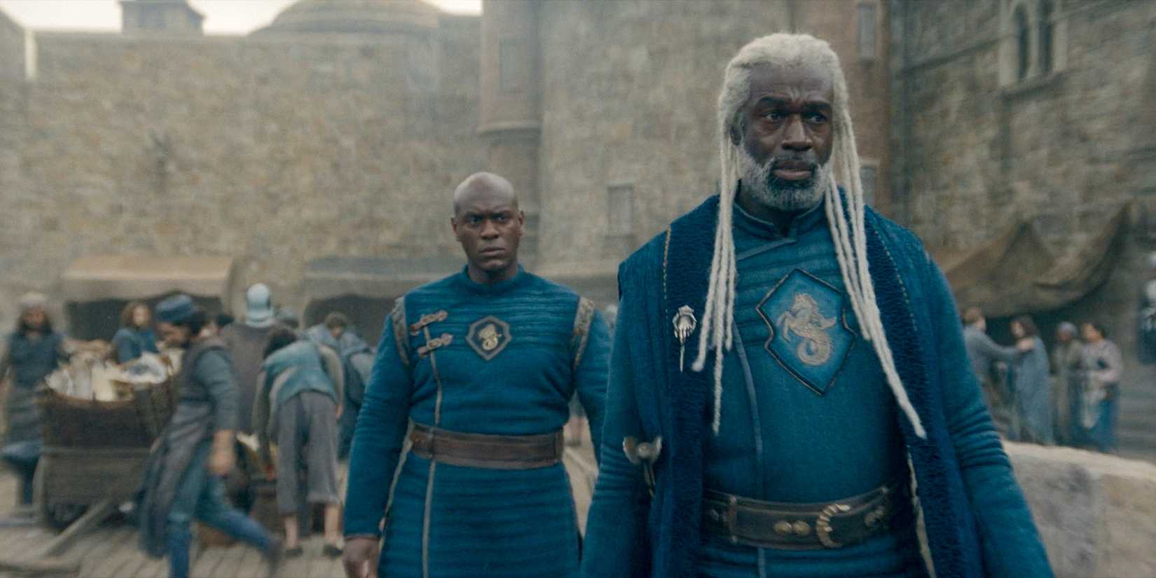 On Driftmark, Lord Corlys Velaryon (Steven Toussaint) and Alyn (Abubakar Salim) talking about Addam being the new dragon rider in House of the Dragon Season 2 Episode 7
