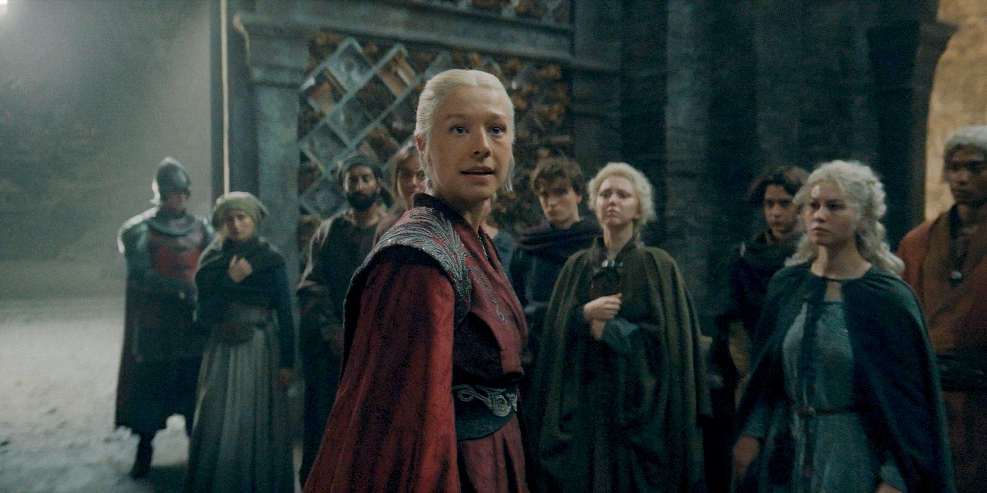 Rhaenyra Targaryen (Emma D'Arcy) giving a powerful speech to the commoners who will be presented to Vermithor in House of the Dragon Season 2 Episode 7