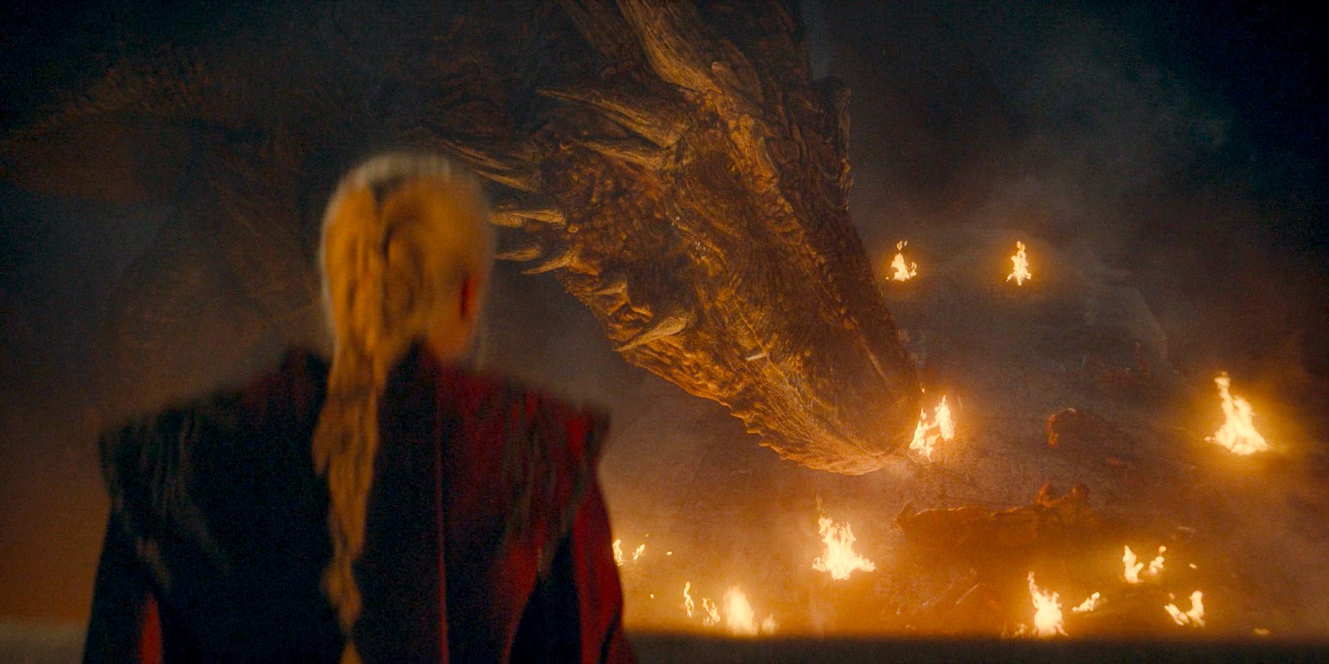 Rhaenyra, from above, watching Vermithor set everything on fire in House of the Dragon Season 2 Episode 7