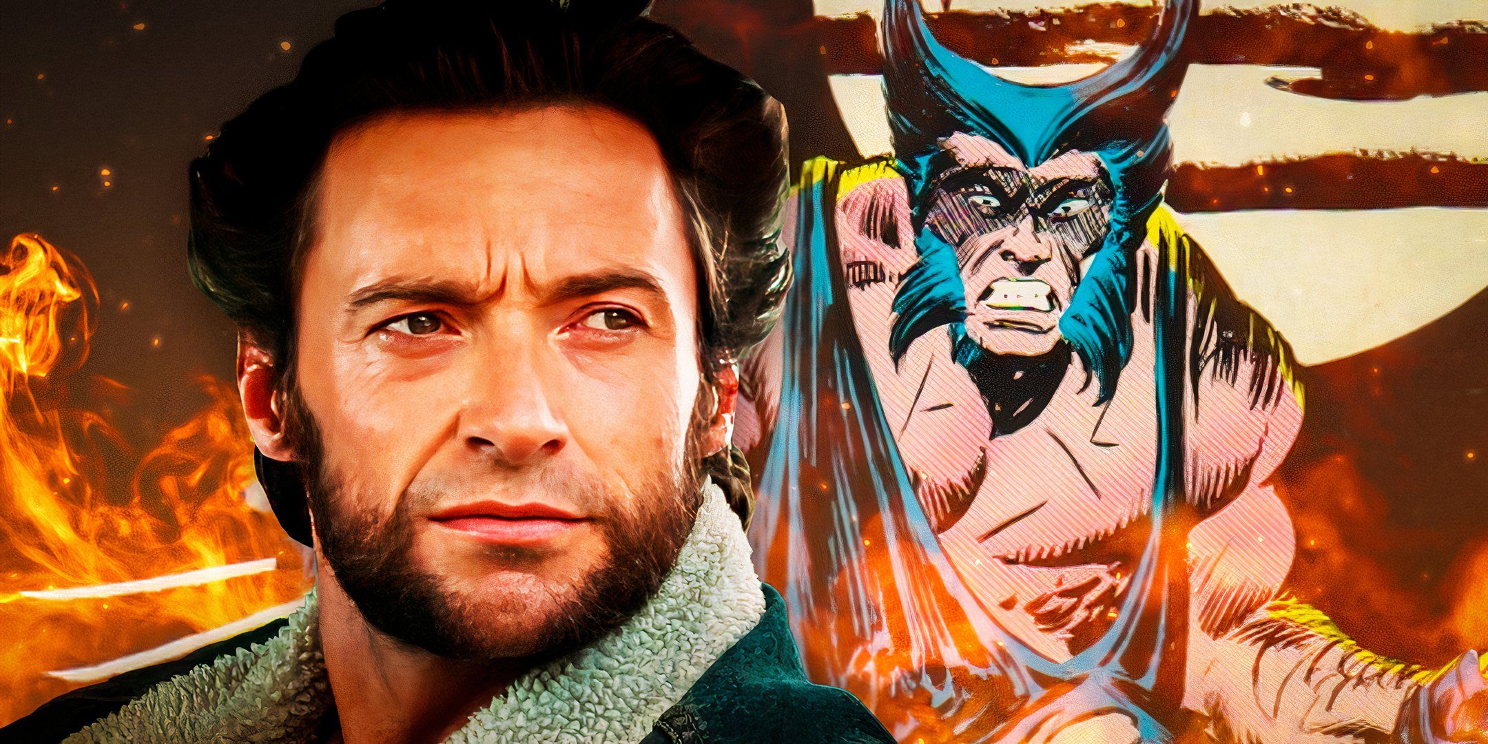 Hugh Jackman as Logan from the Wolverine movies and wolverine in Marvel Comics