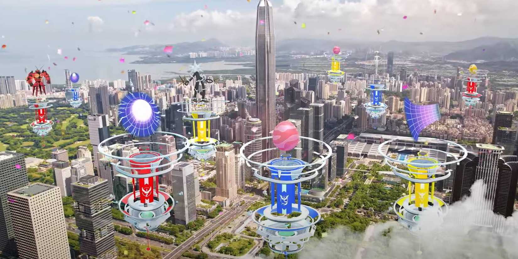 Pokémon GO Fest 2024 event with gyms and Raid Boss locations in large city from online trailer