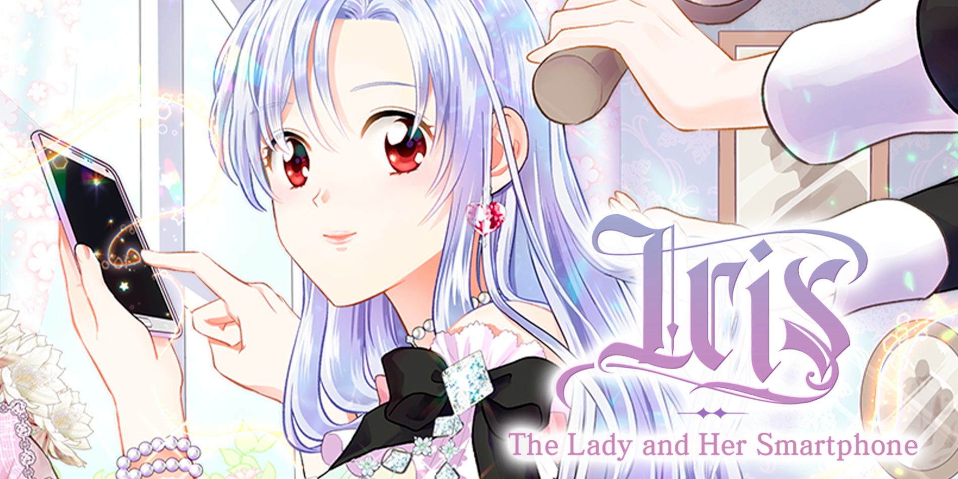 Banner di Iris: The Lady and Her Smartphone che mostra Iris con espressione semplice mentre utilizza il telefono e si sistema i capelli.