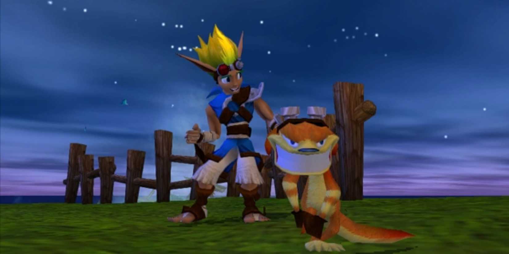Jak and Daxter Precursor Legacy - ג'ק נראה עצבני עם דקסטר מחייך למצלמה