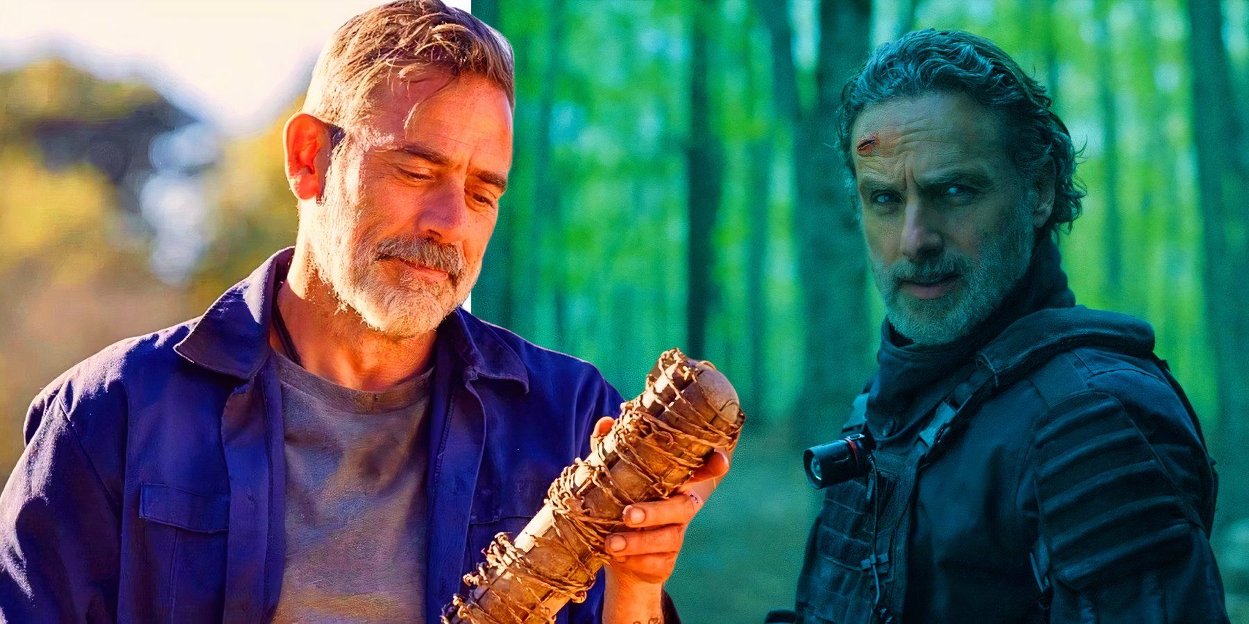 Jeffrey Dean Morgan as Negan looking at Lucille in The Walking Dead next to Andrew Lincoln as Rick Grimes wearing a CRM uniform in The Ones Who Live