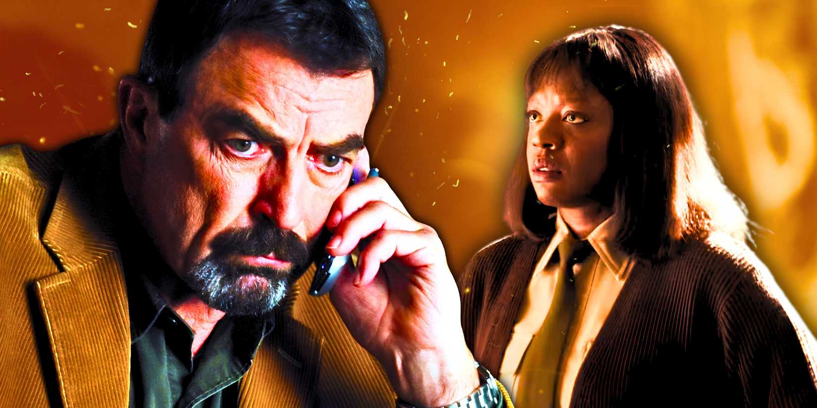 Tom Selleck on a phone with Viola Davis as Molly Crane in the Jesse Stone franchise