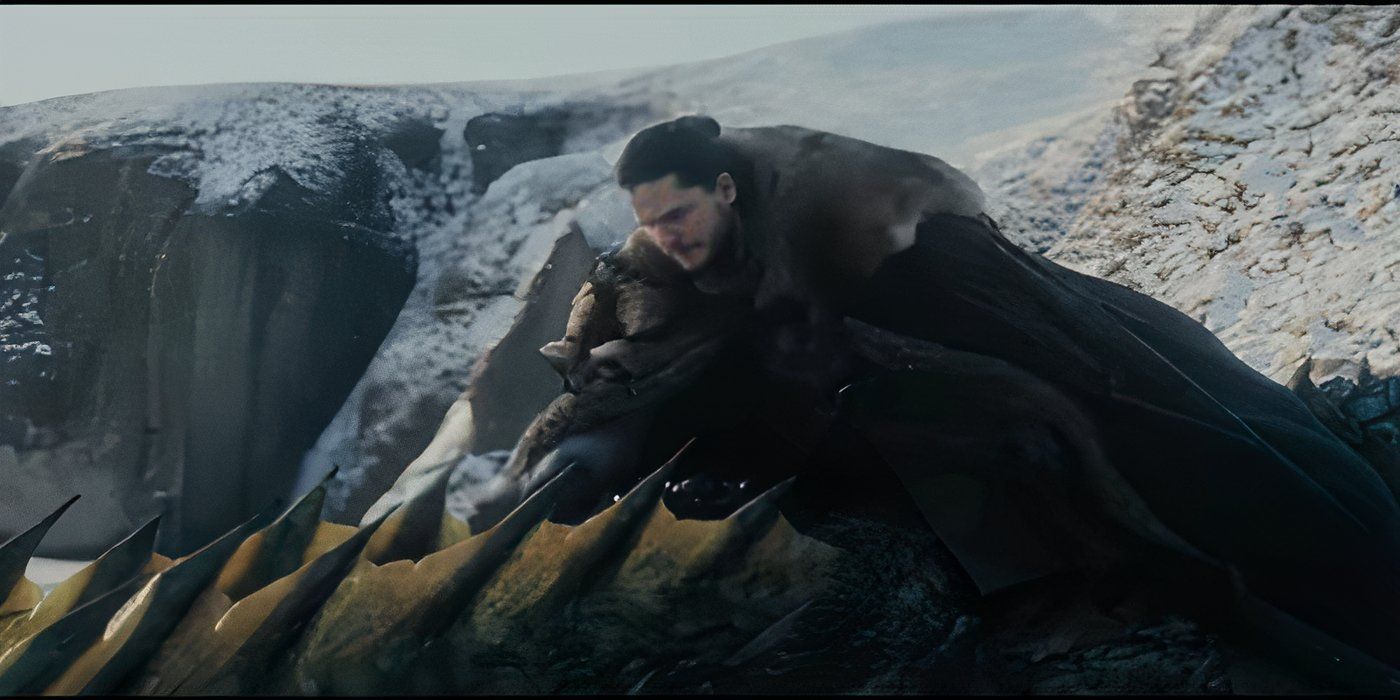 Jon riding a dragon in Game of Thrones