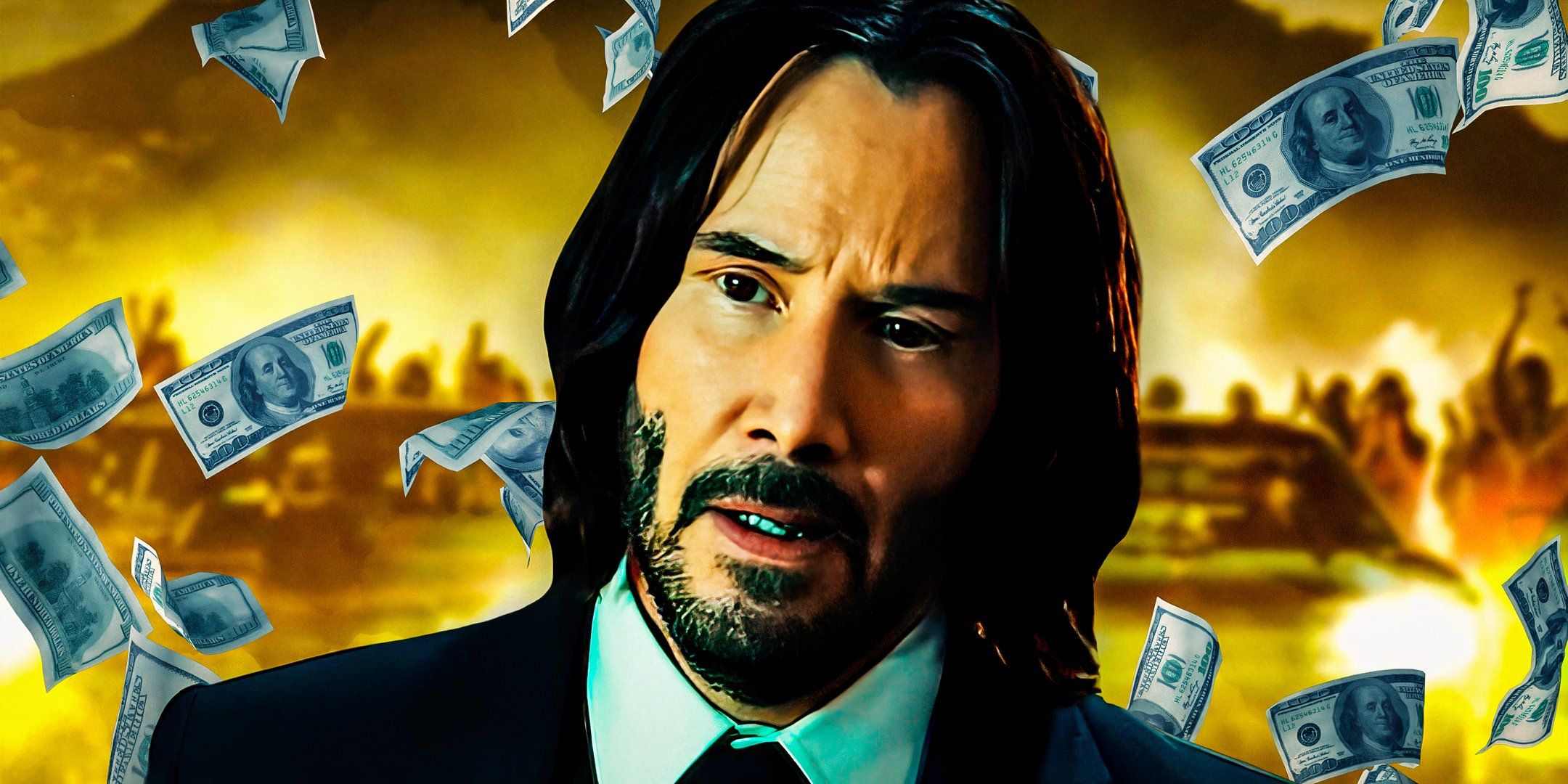 Keanu Reeves as John Wick from John Wick Chapter 4 with a Fast and Furious race background as money rains from the sky