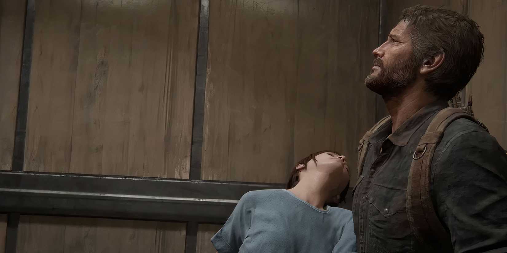 Joel und Ellie in einem Aufzug in The Last of Us Part 1.