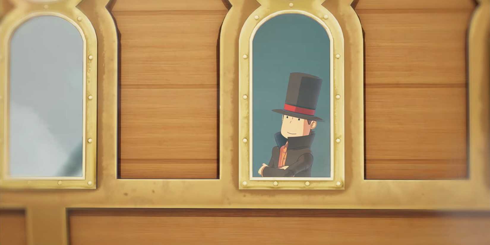 Professor Layton looking out of an airship window in New World of Steam.