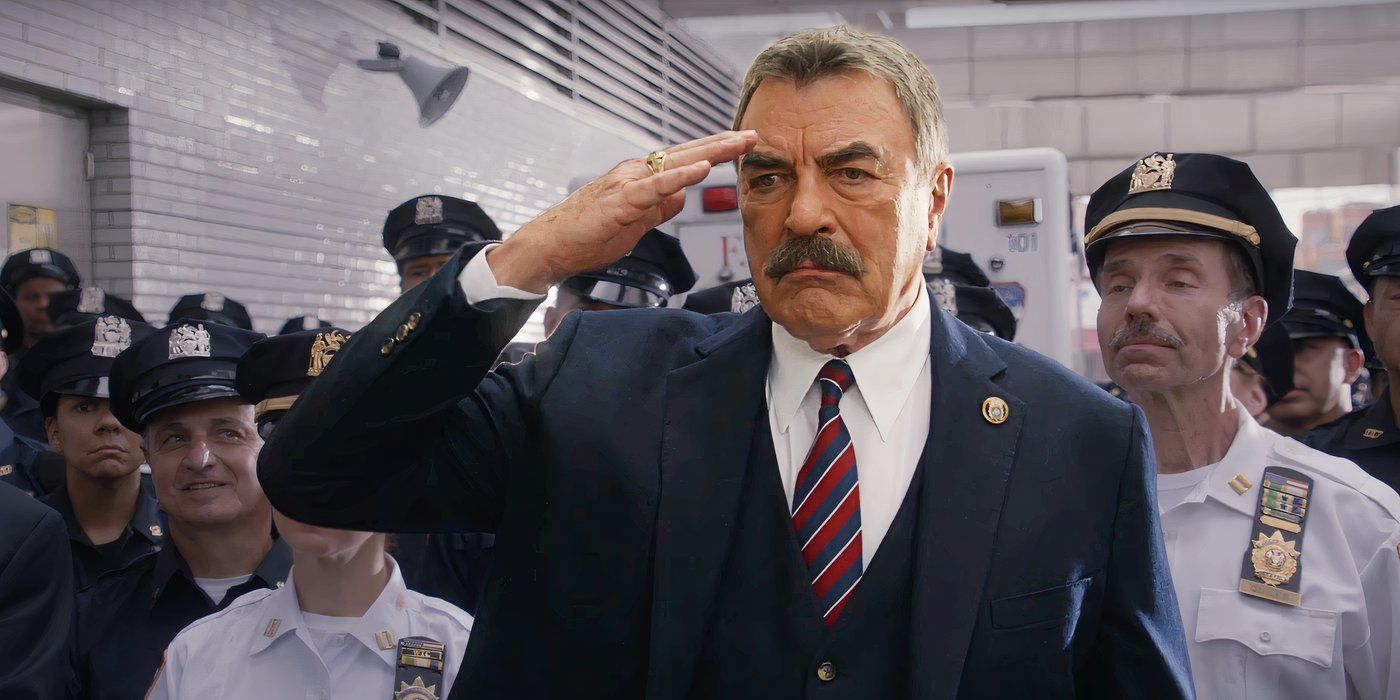 Tom Selleck as Frank Reagan in Blue Bloods as he salutes in front of a crowd of police officers custom image