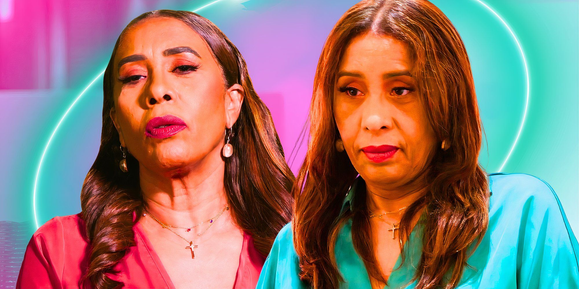 lidia morel from the family chantel in bright montage with two expressions pink and green background
