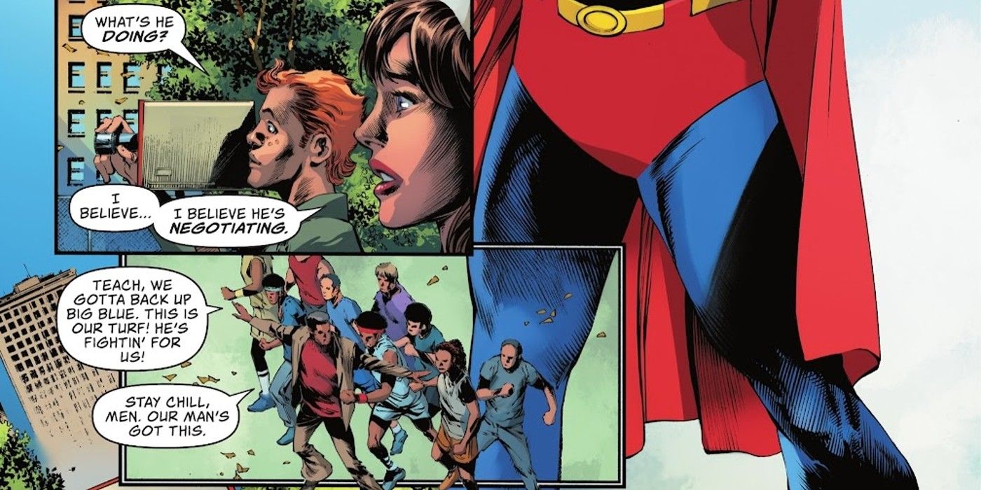 Lois Lane Jimmy Olsen Jefferson Pierce, o futuro Raio Negro e seus alunos assistem Superman comer uma arma alienígena em Action Comics #1067