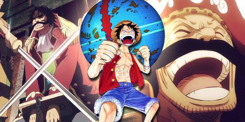 luffy from one piece posing with his fists out with the world of one piece behind him with a still of roger's execution to the left and a still of roger laughing at laughtale to the right