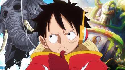 Luffy looking thoughtful in one piece with zunesha in the background to the left and emet the iron giant to the right
