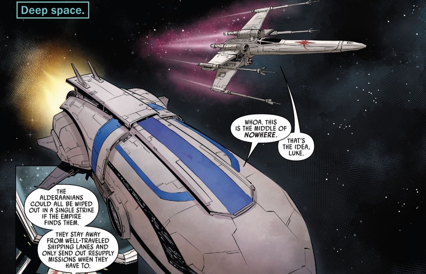 Two ships flying through space in Star Wars.