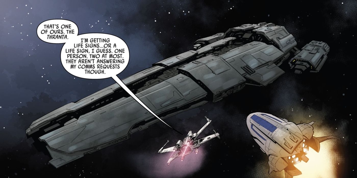 Two ships flying through space toward another, dead vessel in Star Wars.