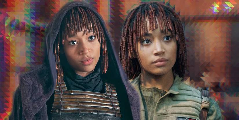 Amandla Stenberg as Osha and Mae Aniseya in The Acolyte, edited together with a chevron effect