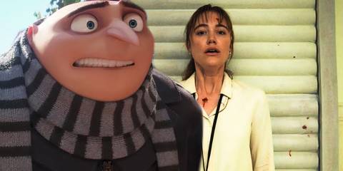 Gru looking worried in Despicable Me 4 next to Maika Monroe standing against a white wall with blood splatters on her shirt in Longlegs