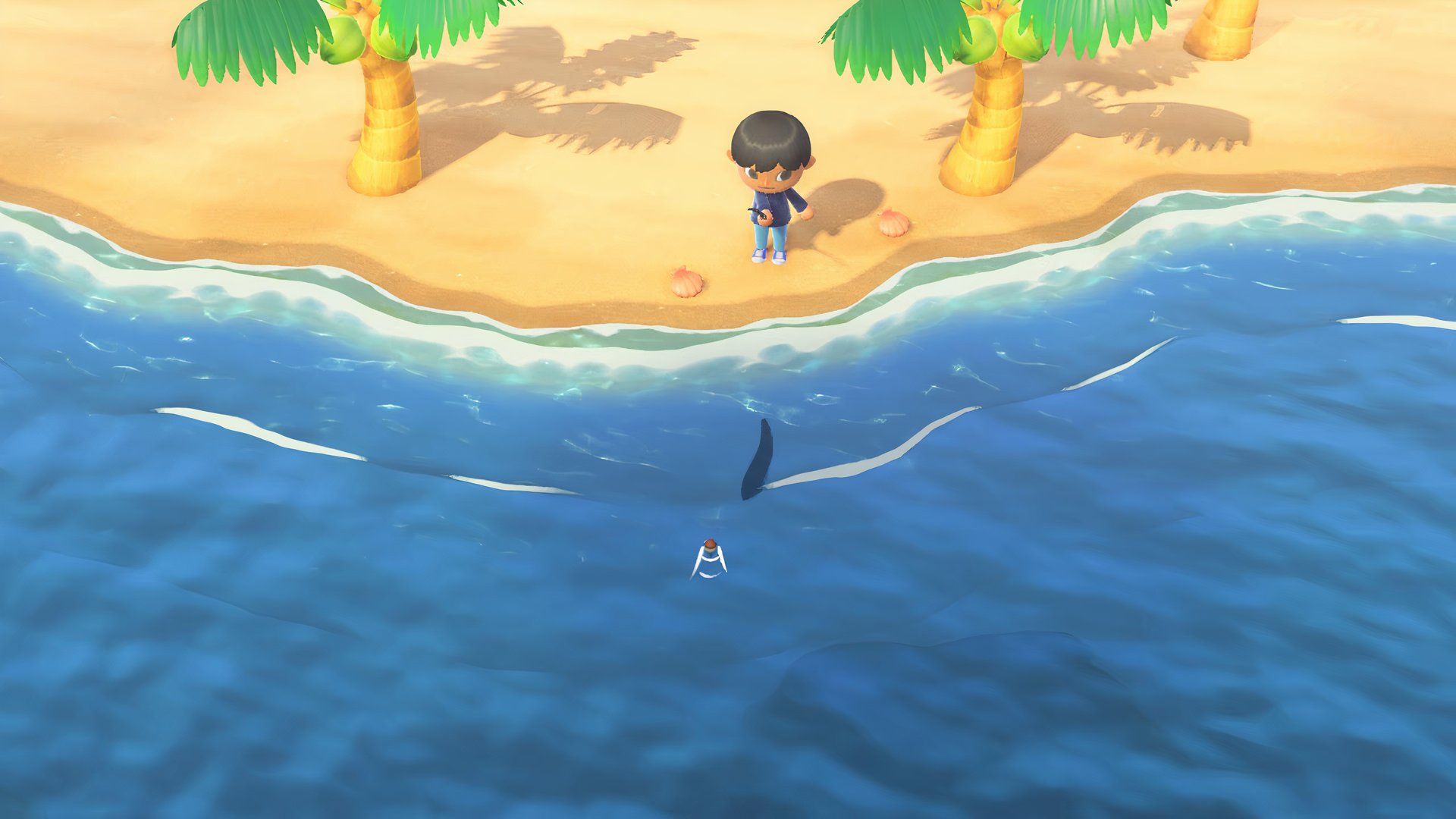 Jogador masculino lança linha de pesca para pegar enguia na praia em Animal Crossing New Horizons