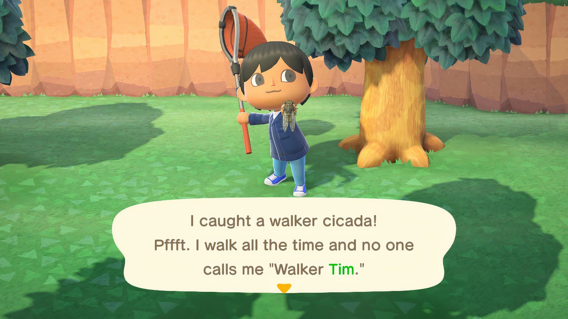 Jogador masculino exibindo Walker Cicada em Animal Crossing New Horizons