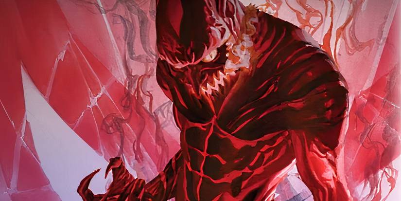 Red Goblin with steam rising from his body, against a red Spider-Man mask backdrop.
