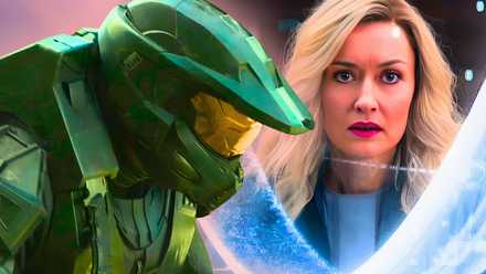 Imagen en collage del Jefe Maestro (Pablo Schreiber) con la armadura Spartan con la Dra. Halsey (Natascha McElhone) luciendo preocupada mientras evalúa el diagrama de halo en la temporada 2 de Halo.