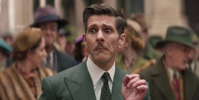 Mathew Baynton as Fickelgruber pulling a face in Wonka