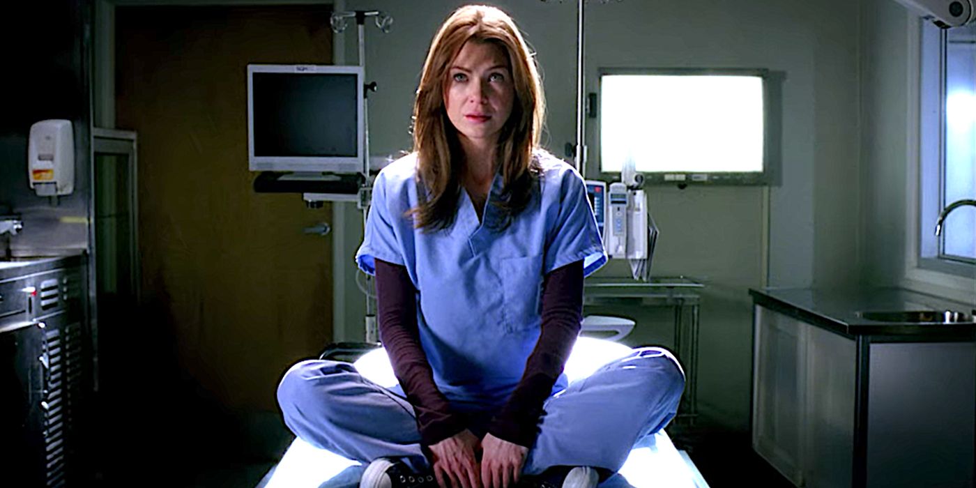 Meredith Grey's sitting in a hospital bed in Grey's Anatomy