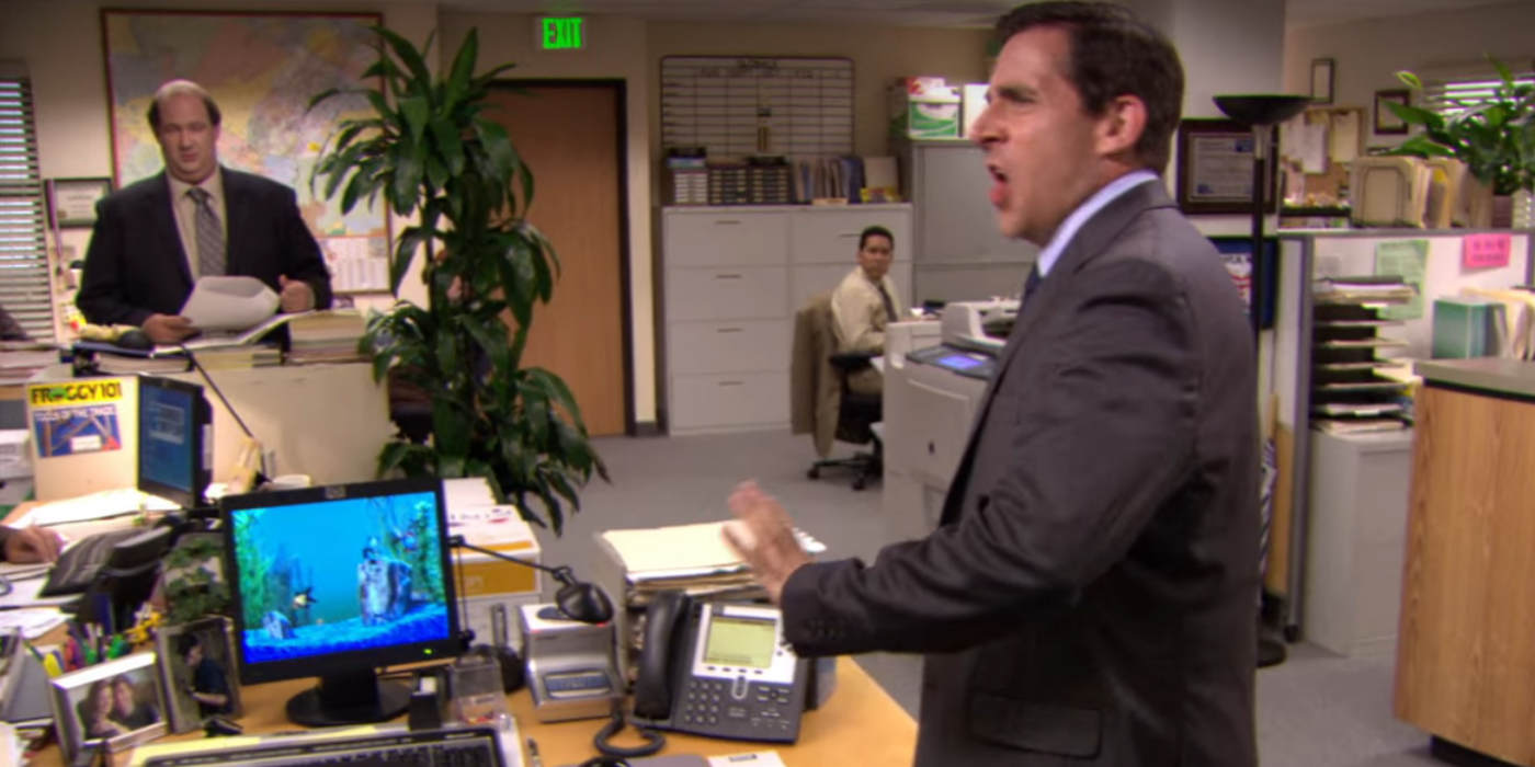 Michael Scott screamming with Tobi in The Office Koi Pond