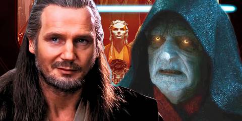 Qui-Gon Jinn (Liam Neeson) from The Phantom Menace and Emperor Palpatine (Ian McDiarmid) from The Rise of Skywalker in front of the poster for The Acolyte
