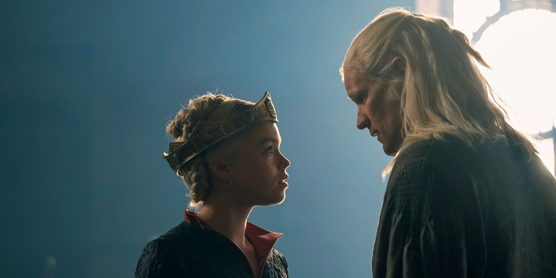 Milly Alcock as Young Rhaenyra and Matt Smith as Daemon Targaryen looking into each others' eyes in House of the Dragon season 2 episode 4