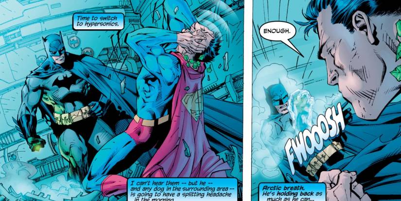 Superman uses cold breath on Batman's arm.