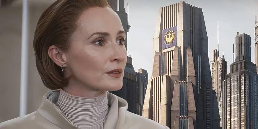 Mon Mothma (Genevieve O'Reilly) in Andor next to the New Republic's headquarters on Coruscant in The Mandalorian