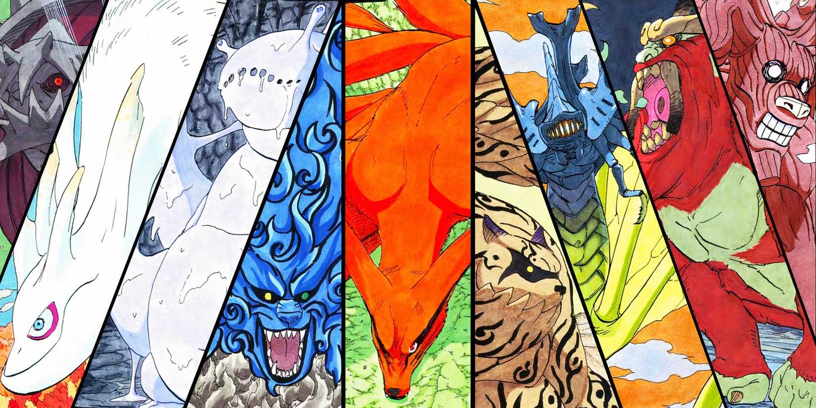 All nine of the naruto series tailed beasts spirits from the manga colored with striking panels lined up next to each other.
