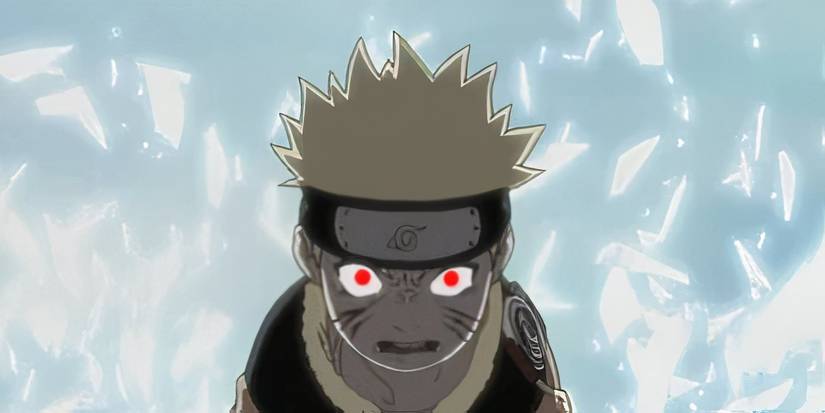 Аниме "Наруто", 17 эпизод: Наруто бьет Хаку, его глаза красные, а ледяной щит вокруг него разрушается, когда он холодно смотрит на своего противника.