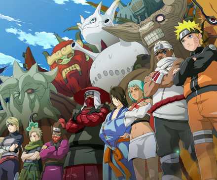 Рекламное изображение из игры Naruto Ninja Storm 3, на котором все Тел Бести возвышаются над своими Jinchuriki, включая Наруто, Гаару, Киллера B и других.