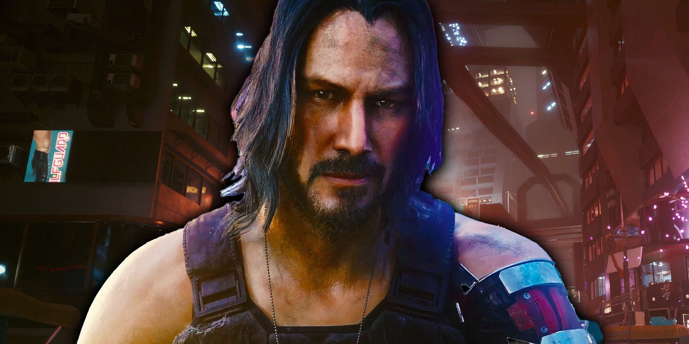 A close up cut out of Keanu Reeves' character, Johnny Silverhand with Night City behind him at street level and at night, from Cyberpunk 2077. 