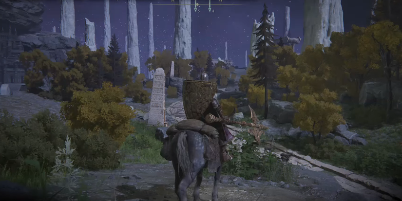 Player riding to first Flame Pillar in Noktron, Eternal City in Elden Ring.