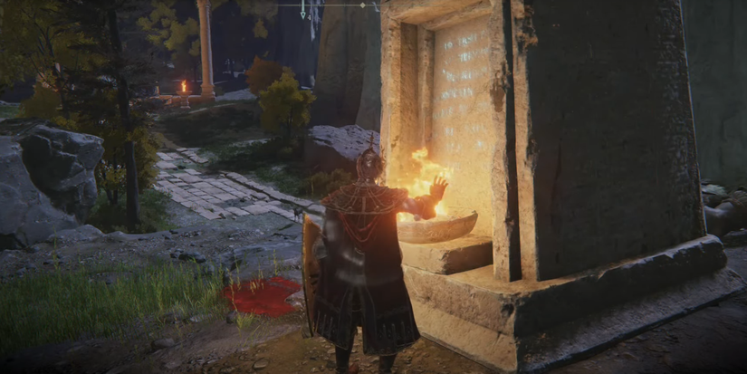 Player lighting third Flame Pillar in Noktron, Eternal City in Elden Ring.