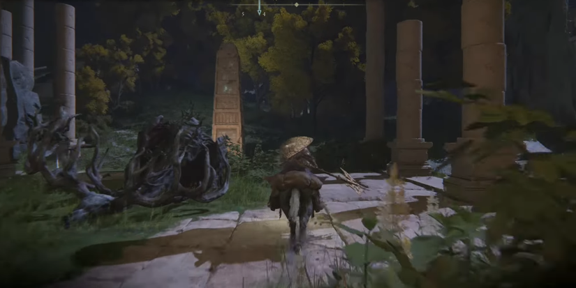Player riding to fourth Flame Pillar in Noktron, Eternal City in Elden Ring.